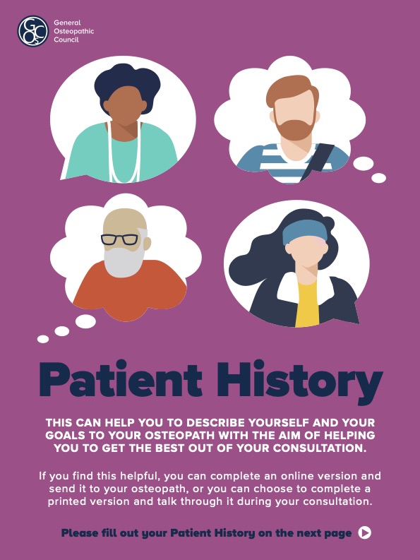 Front cover (thumbnail) of the 'Patient CV/Patient History' PDF published by the general osteopathic council
